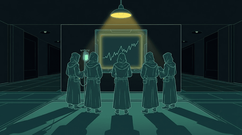 Five clinicians watching one monitor whose trace is rising