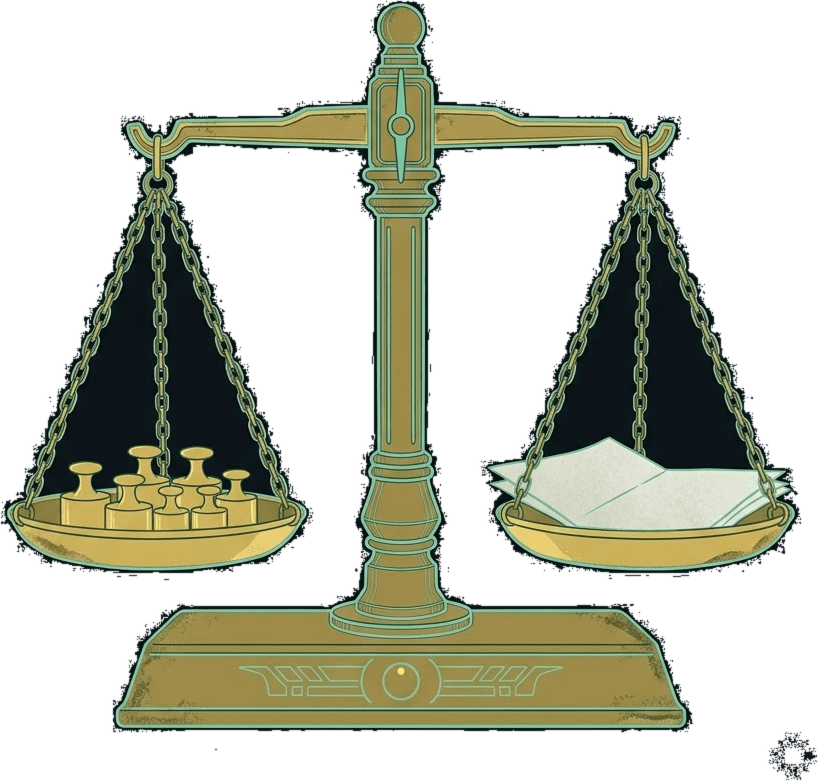 A brass balance scale, one pan of trade ticks against one folded plan